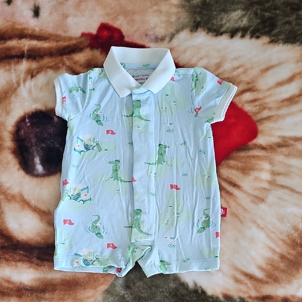 Magnetic Me Light Blue Polo Romper with Green Dino Print Size 0-3 Month